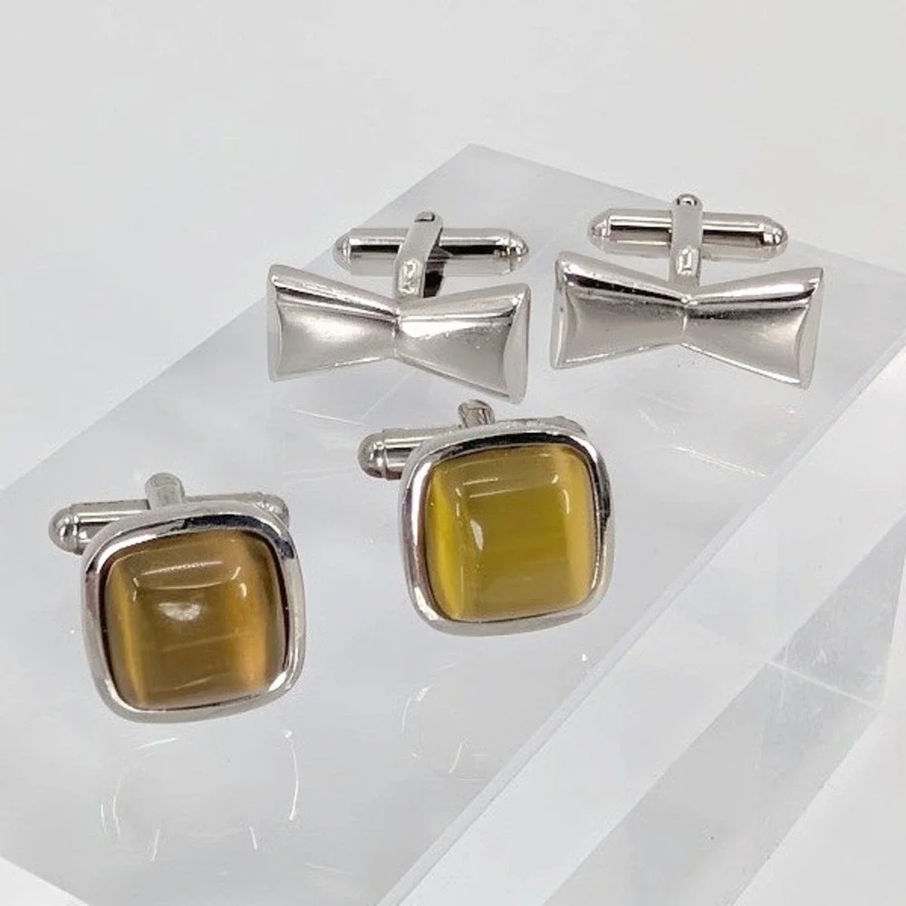 VTG Cufflink Lot Silver Tone Bow Tie and Amber Glass Set of 2 Pairs MCM Classic